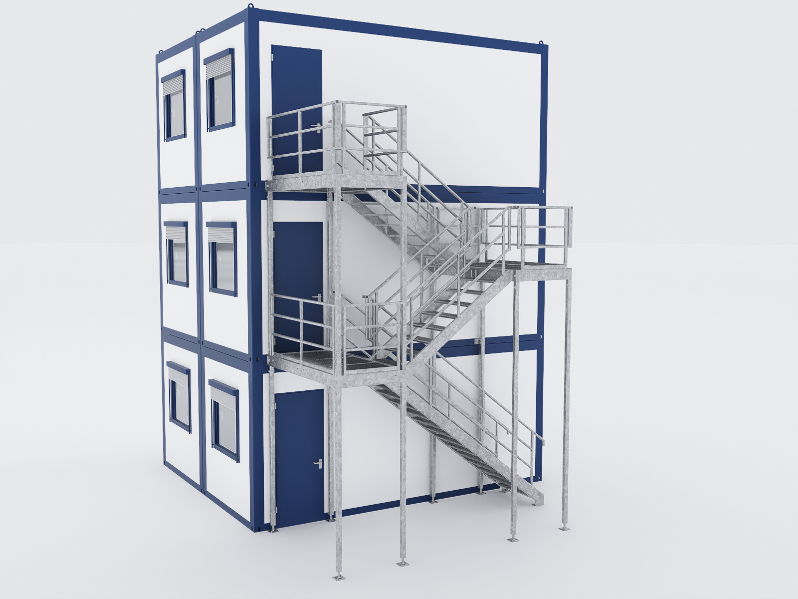 Modulare Treppenanlagen und Containertreppentürme für Baustellencontaineranlagen – sichere Zugänge, Flucht- und Rettungstreppen für Containeranlagen.